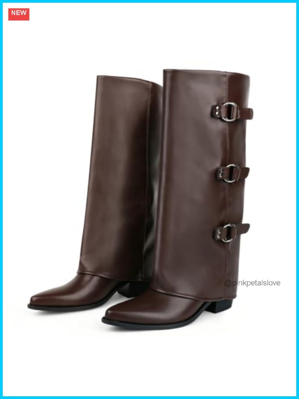 Faux Leather Knee High Boots Pointed Toe Chunky Heel Women